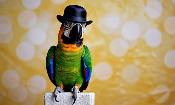 Parrot in a black bowler hat against a sunny yellow background. Leadership, charm, and uniqueness concept
