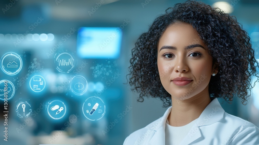 Poster confident and capable female medical professional utilizing advanced digital technology and computer