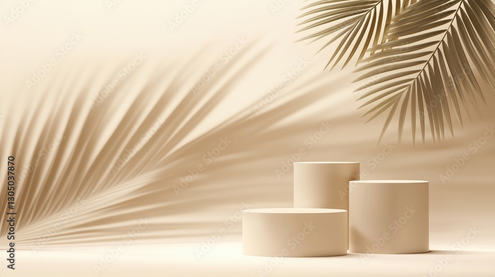 Poster Abstract beige background with three round pedestals and a palm leaf shadow. A minimal mockup ideal for product presentation, cosmetic display, or beauty branding. High-resolution and detailed with sh