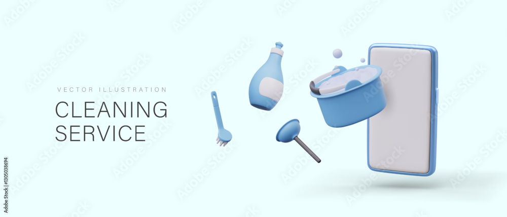 Poster phone application of cleaning service. realistic smartphone with blank screen, bucket with soap suds
