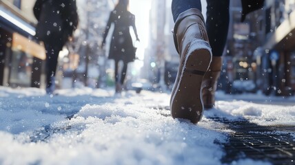 雪が積もった歩道を歩く街の人々