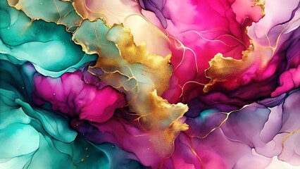 A striking alcohol ink painting with bold pink, magenta, and gold accents, creating a fluid abstract background. Ideal for luxury branding, art prints, and digital design projects.