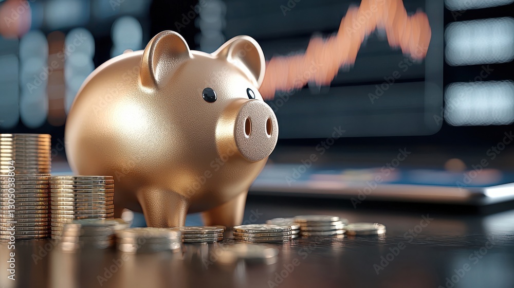 Poster close up view of a golden piggy bank sitting on a stack of gold coins with a financial growth chart 