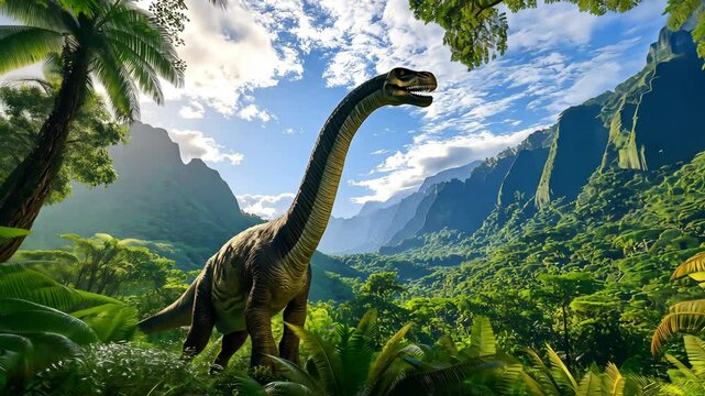Brachiosaurus dinosaur with long neck extended standing majestically in a lush valley, The concept of dinosaur extinction	
