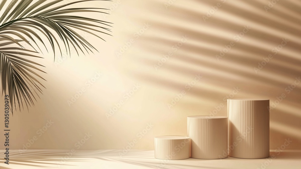 Poster Abstract beige background with three round pedestals and a palm leaf shadow. A minimal mockup ideal for product presentation, cosmetic display, or beauty branding. High-resolution and detailed with sh