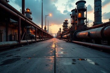 Industrial Pathway at Sunset A Long Perspective of Aged Pipes and Towers
