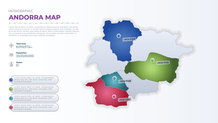 Total Area, Papulation, States & More Detailed Infographic Map of Andorra. Andorra country map infographic colored vector template with regions and pointer marks.