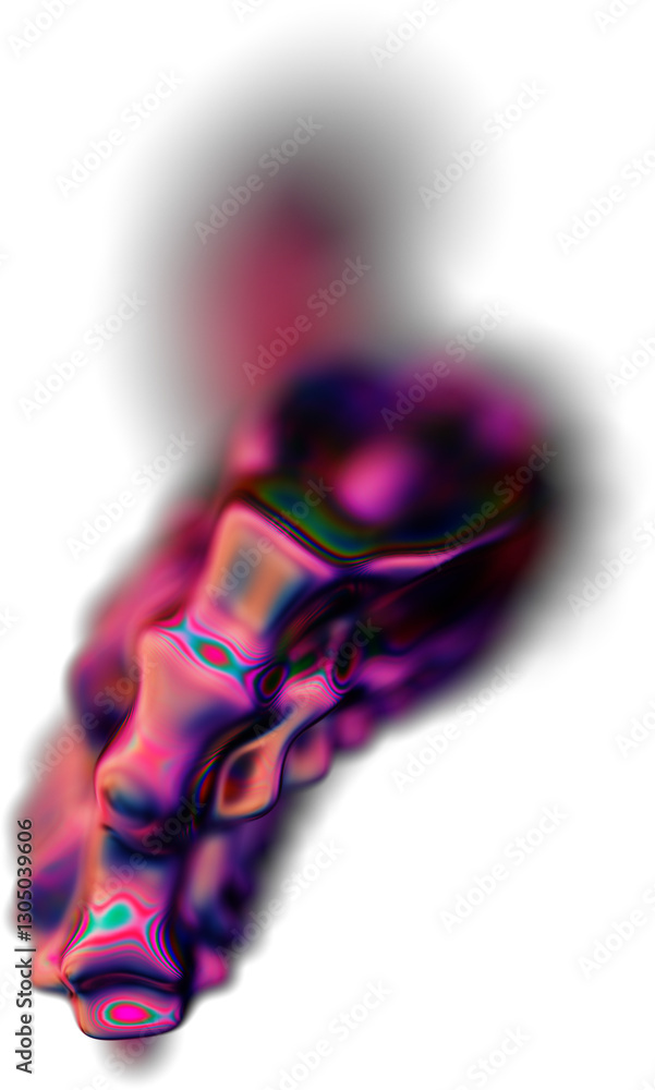 Poster abstract 3d fluid shape with iridescent colors and blurred motion effect, showcasing metallic and re