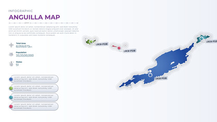 Total Area, Papulation, States & More Detailed Infographic Map of Anguilla. Anguilla country map infographic colored vector template with regions and pointer marks.