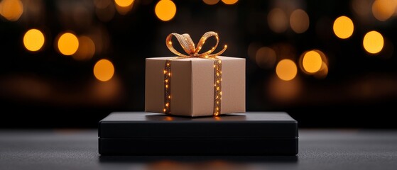 Elegant Beige Gift with Golden Ribbon on Display Table against a Backdrop of Festive Bokeh Lights and Holiday Cheer