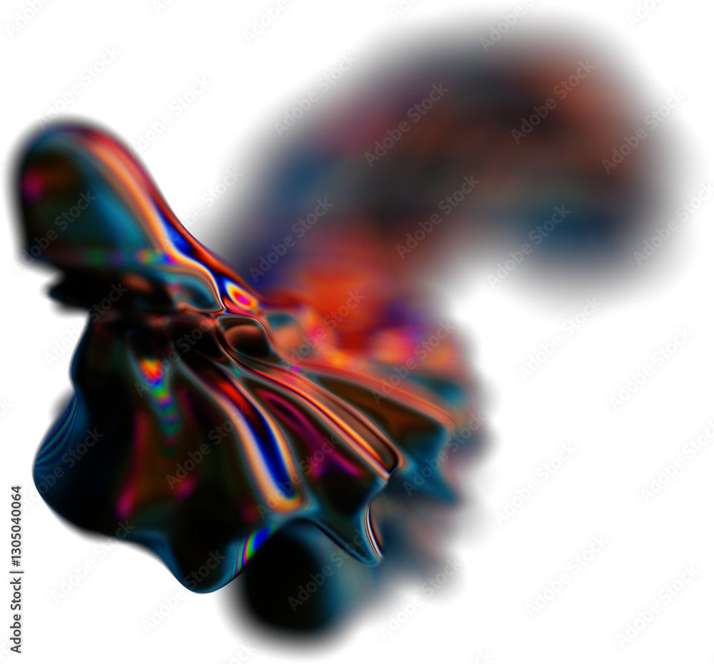 Poster abstract 3d fluid shape with iridescent colors and blurred motion effect, showcasing metallic and re