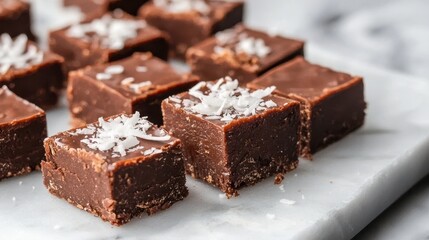 A close-up of rich chocolate fudge squares, topped with coconut flakes, arranged neatly on a marble surface.