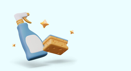 Plastic spray bottle with empty label, sponge with surfaces of different hardness, decorative stars. Vector advertising composition on blue background. Detergent mockup