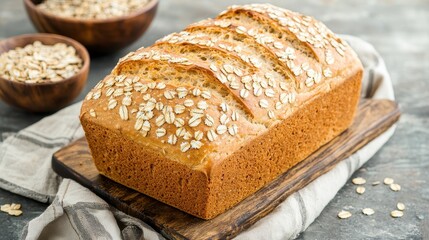 A golden-brown loaf of oatmeal bread, garnished with oats, sits on a wooden board next to bowls of oats, creating a warm, inviting scene.