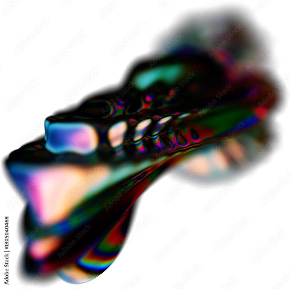 Poster abstract 3d fluid shape with iridescent colors and blurred motion effect, showcasing metallic and re