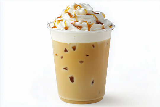 Iced caramel latte topped with whipped cream and caramel sauce