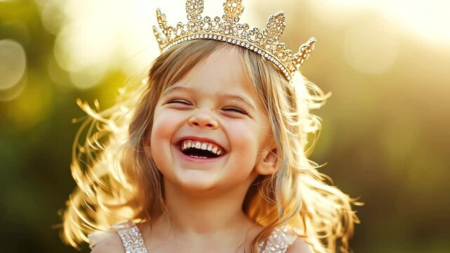 A happy little girl wearing a sparkling princess crown, Happiness and innocence	