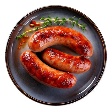 Grilled sausages on a plate. Isolated on transparent background, png.