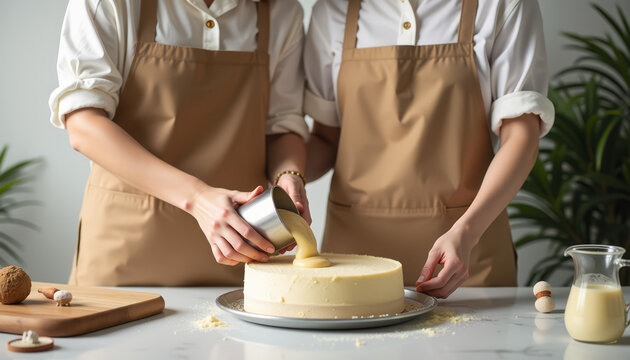 Two bakers decorating a cake with cream in a modern kitchen