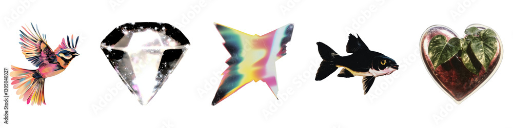 Poster multicolored bird and abstract shapes with goldfish heart vintage element set isolated on transparen