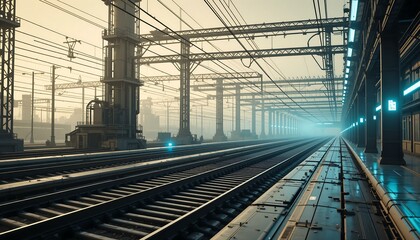 Futuristic Train Station: Cyberpunk Railway Tracks & Industrial Design