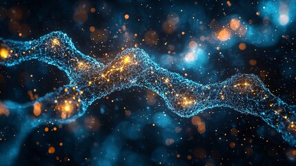 Abstract Digital Art of Glowing Blue Particles and Network Structures in Cosmic Background