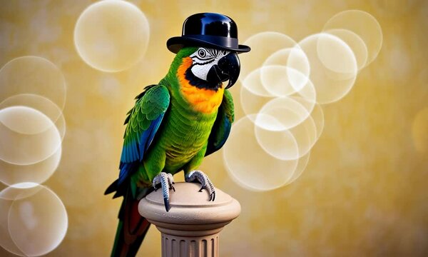 Parrot in a black bowler hat against a sunny yellow background. Leadership, charm, and uniqueness concept