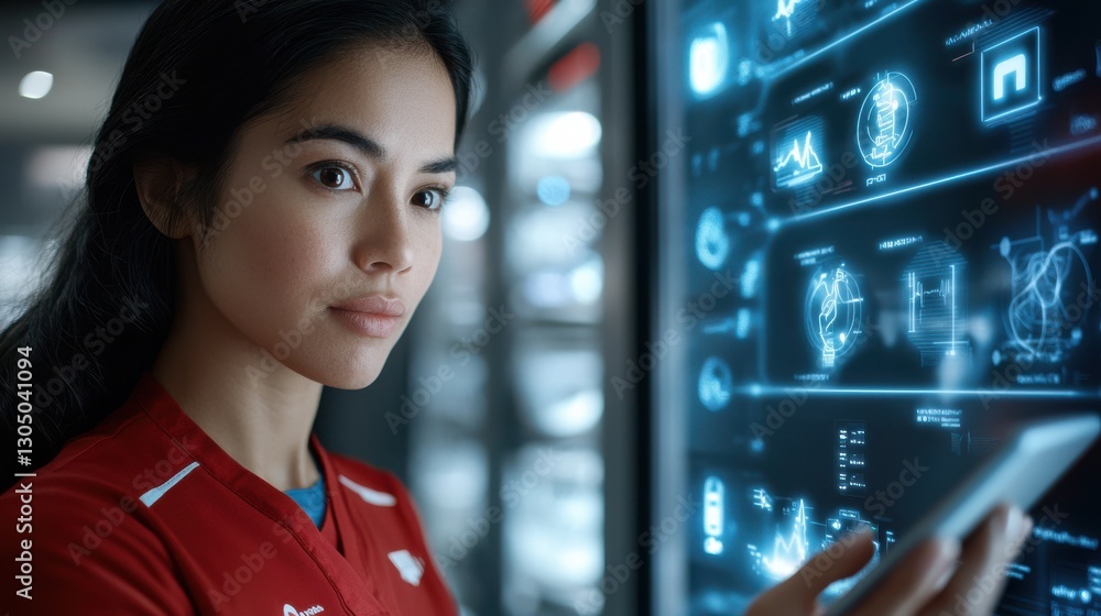 Poster close up portrait of a young female model with serious expression examining a complex digital interf