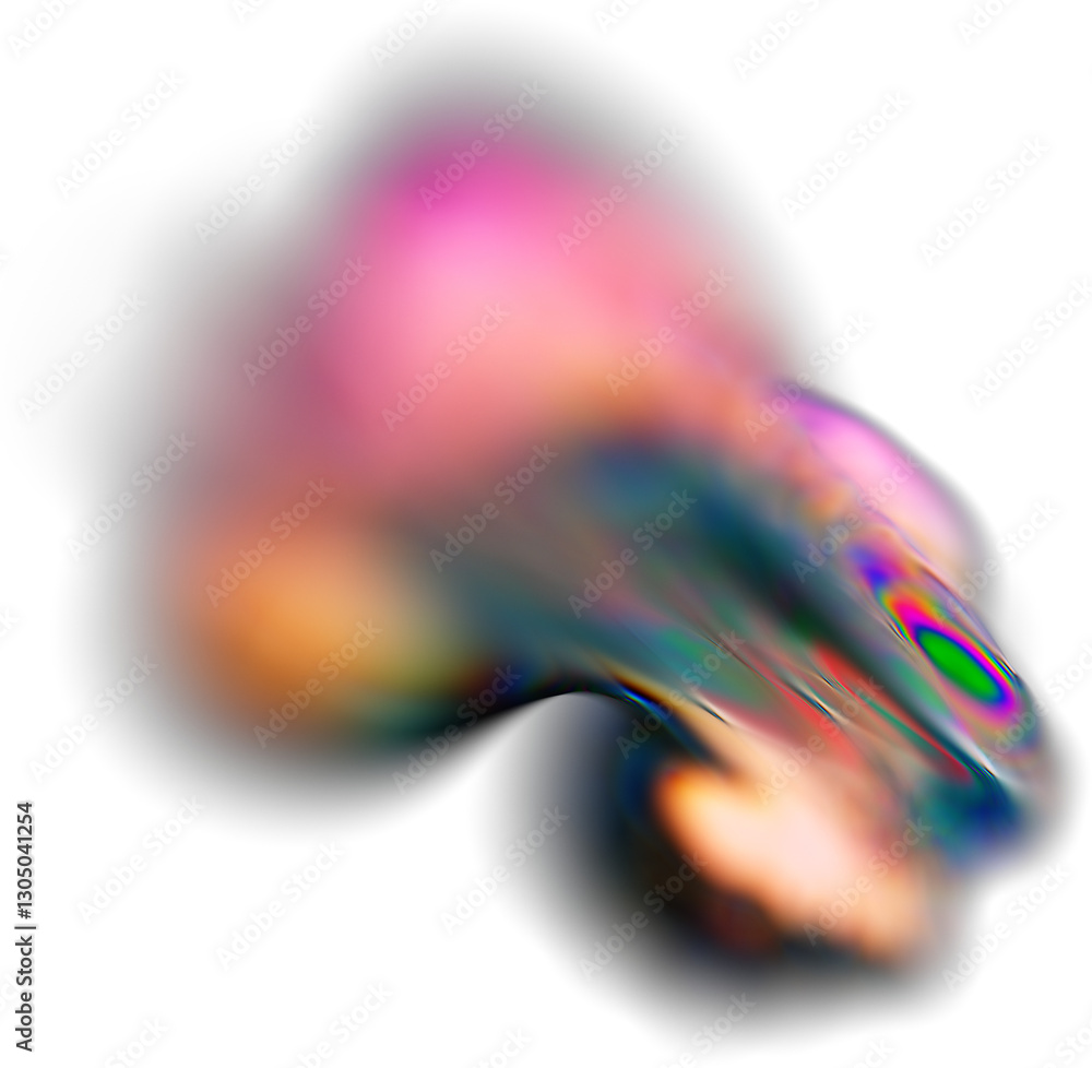 Poster abstract 3d fluid shape with iridescent colors and blurred motion effect, showcasing metallic and re