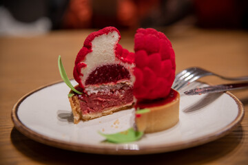 Delightful dessert served at a cafe showcasing intricate pastry design