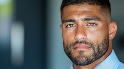 Close up portrait of a confident and professional looking businessman with a beard wearing a formal suit and tie and gazing thoughtfully at the This image conveys a sense of leadership ambition