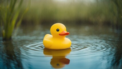 Yellow classic rubber duck with red beak at the outdoor, pond with green grass. Symbol of summer season, vacation and relax time. Banner with copy space