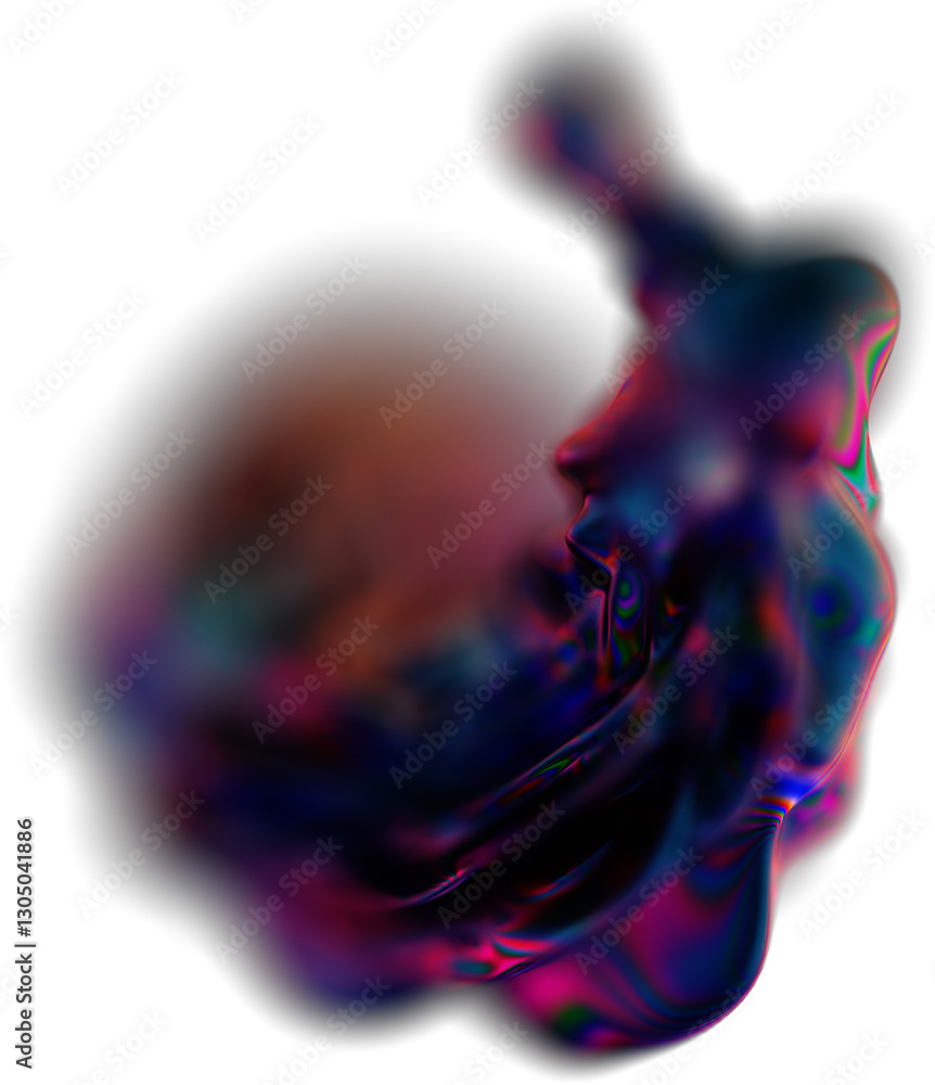 Poster abstract 3d fluid shape with iridescent colors and blurred motion effect, showcasing metallic and re