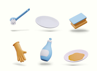 Collection of 3D dishwashing icons. Devices and detergents for cleaning kitchen. Brush, rubber glove, clean and dirty plate, sponge, bottle of detergent. Elements for before and after concepts