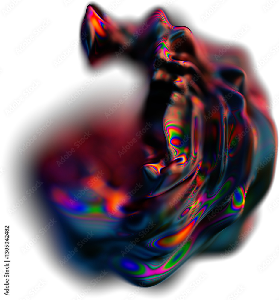 Poster abstract 3d fluid shape with iridescent colors and blurred motion effect, showcasing metallic and re