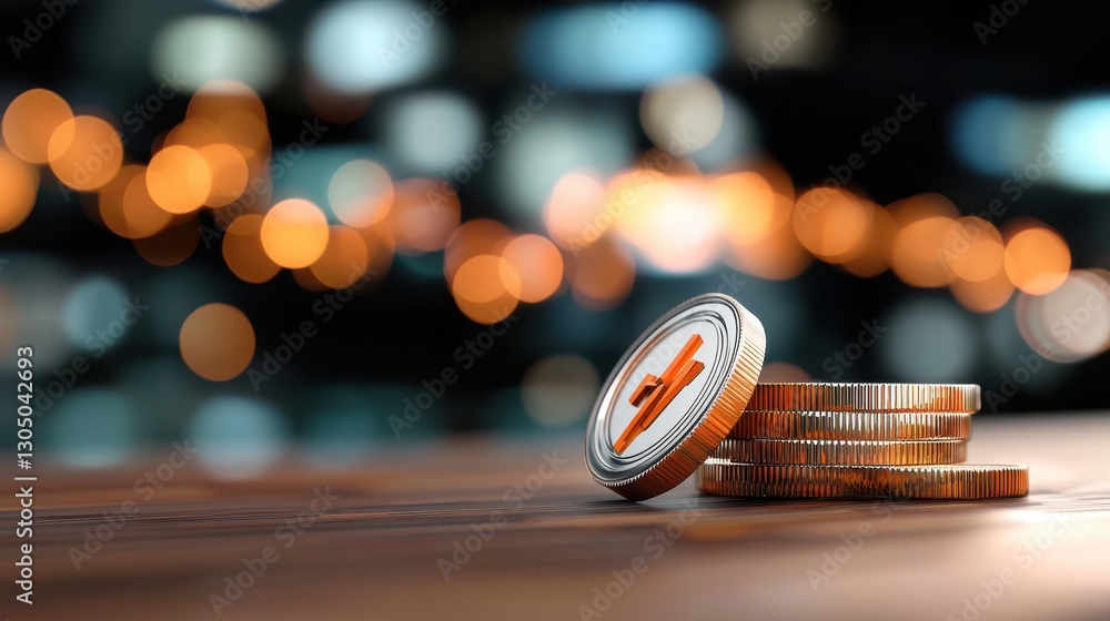 Poster closeup of stacked coins on a wooden table with a blurred out of focus background creating a bokeh e
