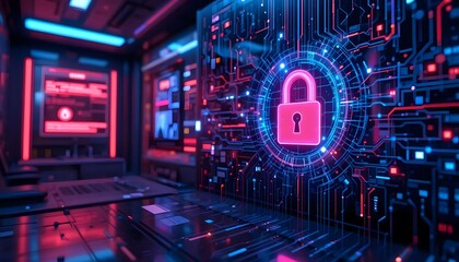 Cybersecurity Concept with Digital Lock and Circuit Board Design in Neon Colors for Technology Background