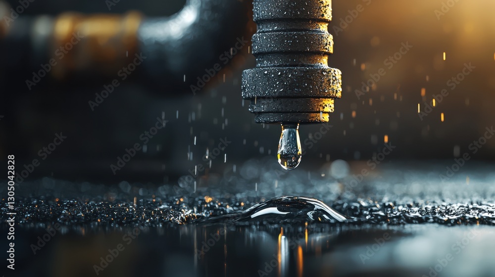 Poster closeup shot of a single water droplet dripping and splashing on a wet shiny blurred abstract backgr