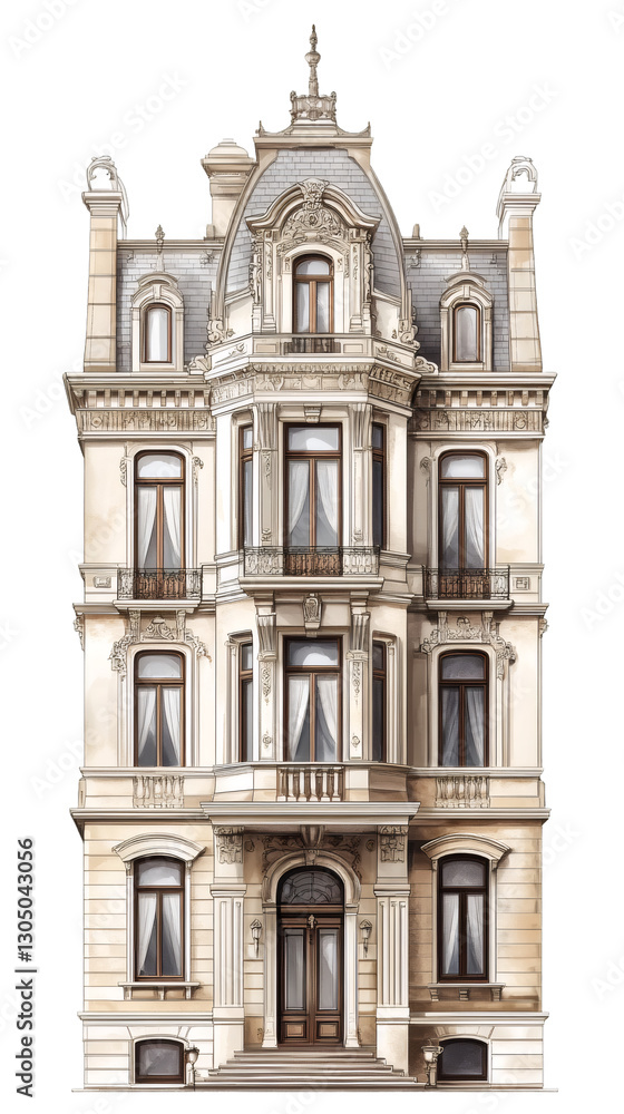 Poster watercolor rendering depicting charming european architectural landmark, featuring translucent backg