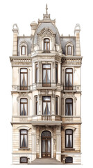Fototapeta premium Watercolor rendering depicting charming European architectural landmark, featuring translucent background highlighting structural details