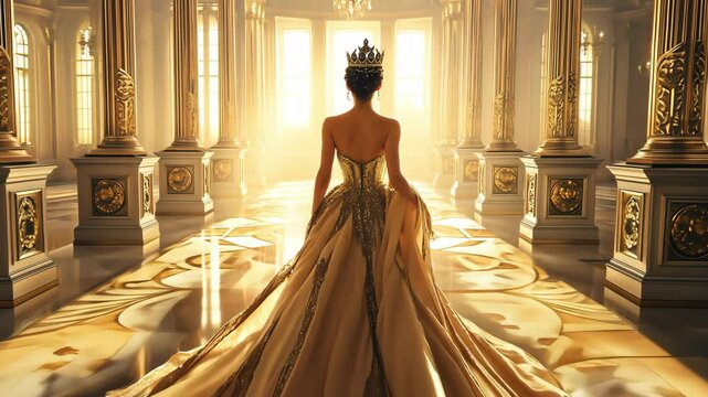 Back view of a princess wearing an elegant crown walking gracefully through a grand palace hall	
