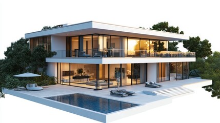 Fototapeta premium 3d rendering of modern house by the river house, luxury, villa, modern, architecture, building, exterior, residential, property, designer