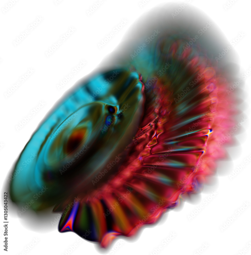 Poster abstract 3d fluid shape with iridescent colors and blurred motion effect, showcasing metallic and re
