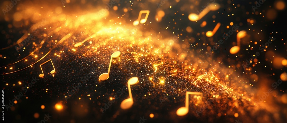 Poster golden musical notes floating on a dark background with sparkling lights creating a magical and fest