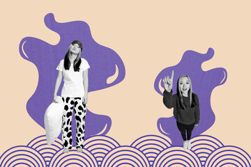 Trend artwork composite 3D photo collage of oriental culture pattern element ornament japan two young lady stand drowse sleep sleepwear