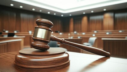 Courtroom Gavel on Wooden Desk