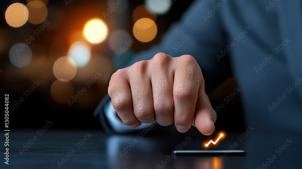 Poster close up of a person s hand pressing or tapping on a mobile phone screen in a dark modern workspace 