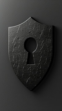 This artistic depiction shows a textured black shield featuring a prominent keyhole, representing security and mystery in a visually striking composition relevant for thematic projects.