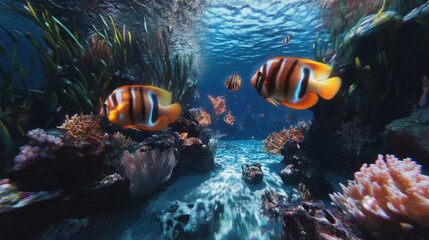 Fototapeta premium A vibrant underwater scene with tropical fish and colorful coral reefs