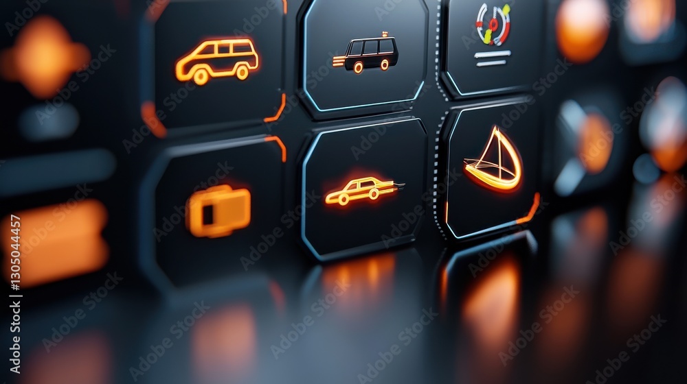 Poster closeup of an illuminated high tech dashboard interface displaying various vehicle travel and safety